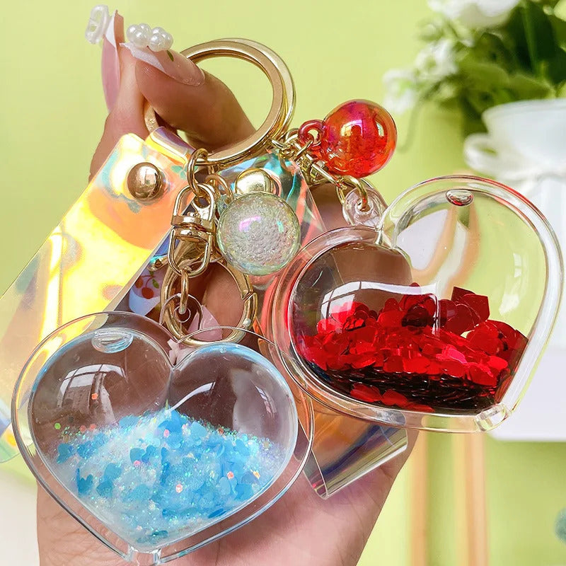 Acrylic Heart-Shaped Keychain with Quicksand Glitter, Trendy Fashion Bag Accessory, Exquisite Cute Keyring with Love Theme